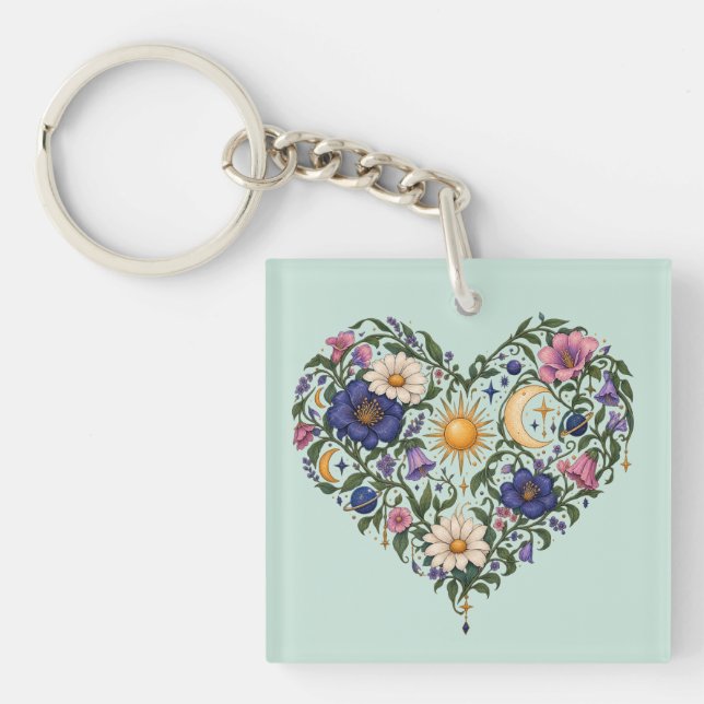 Celestial Botanical Heart Keychain (Front)