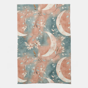 Celestial Botanical Pattern Terracotta Slate Blue Kitchen Towel