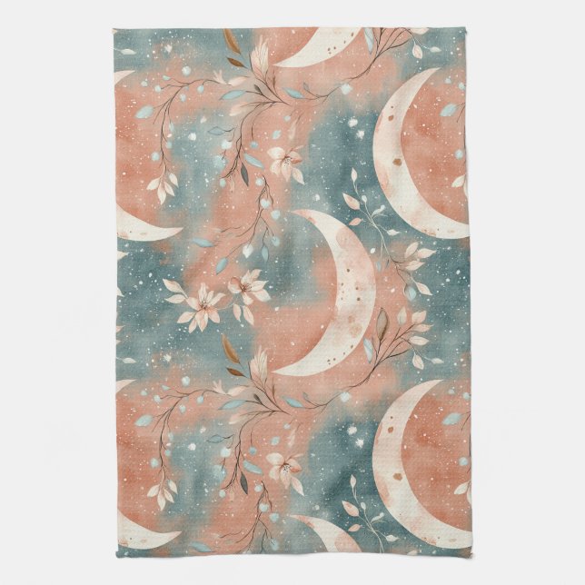 Celestial Botanical Pattern Terracotta Slate Blue  Kitchen Towel (Vertical)