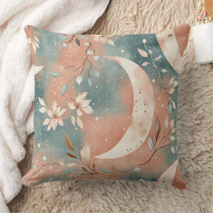 Celestial Botanical Pattern Terracotta Slate Blue Throw Pillow