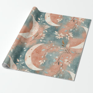 Celestial Botanical Pattern Terracotta Slate Blue Wrapping Paper