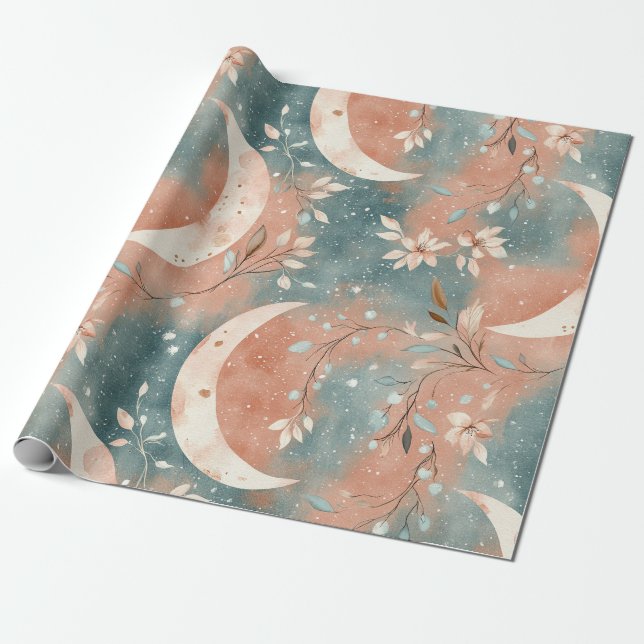 Celestial Botanical Pattern Terracotta Slate Blue  Wrapping Paper (Unrolled)