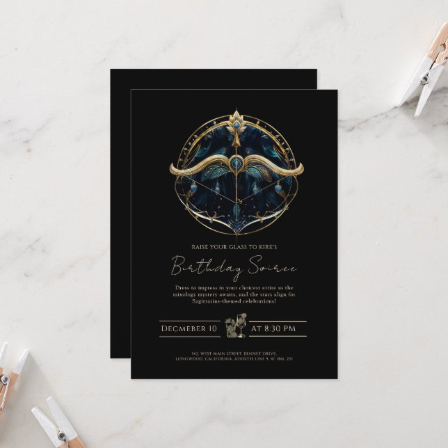 Celestial Bow Arrow Cosmic Black Gold Sagittarius Invitation (Front/Back In Situ)