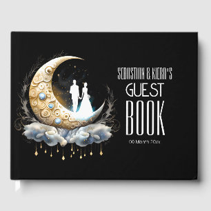 Celestial bridal couple silhouette crescent moon  guest book