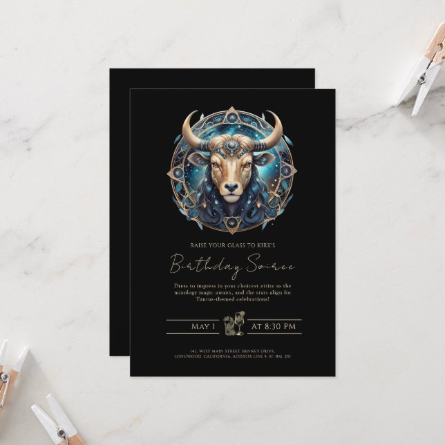 Celestial Bull Zodiac Symbol Black Gold Taurus Invitation (Front/Back In Situ)