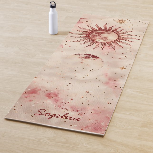 Celestial Burgundy Blush and Gold Custom Name Yoga Mat (In Situ)