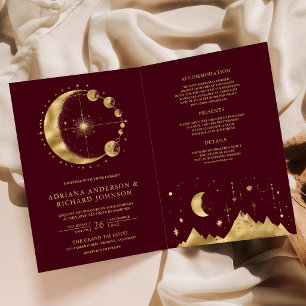 Celestial Burgundy Gold Crescent Moon Wedding Invitation