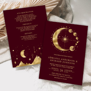 Celestial Burgundy Gold Crescent Moon Wedding Invitation