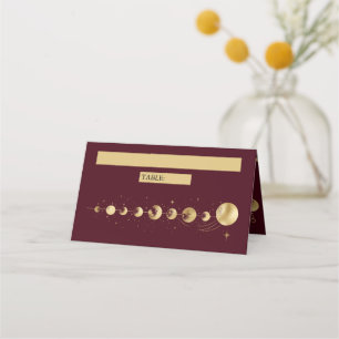 Celestial Burgundy Gold Crescent Moon Wedding Place Card