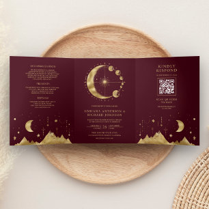 Celestial Burgundy Gold Crescent Moon Wedding Tri-Fold Invitation