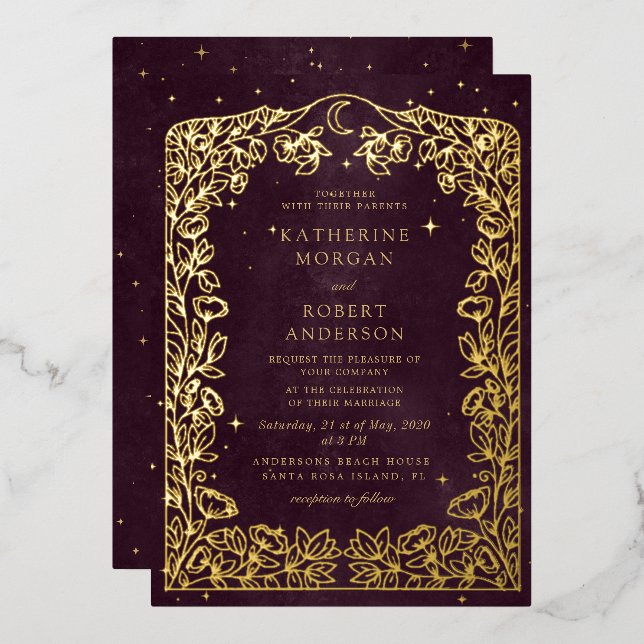 Celestial Burgundy Gold Moon And Stars Wedding (Front/Back)