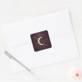 Celestial Burgundy Gold Moon And Stars Wedding Square Sticker