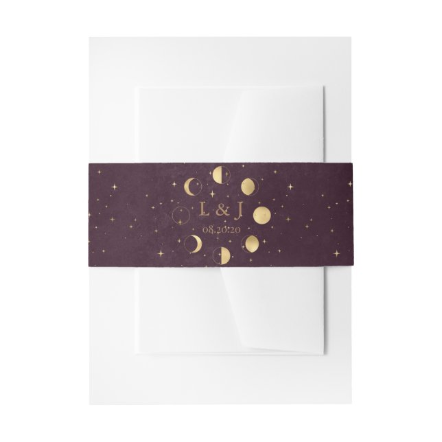 Celestial Burgundy Gold Moon Phases Wedding Invitation Belly Band (Front Example)