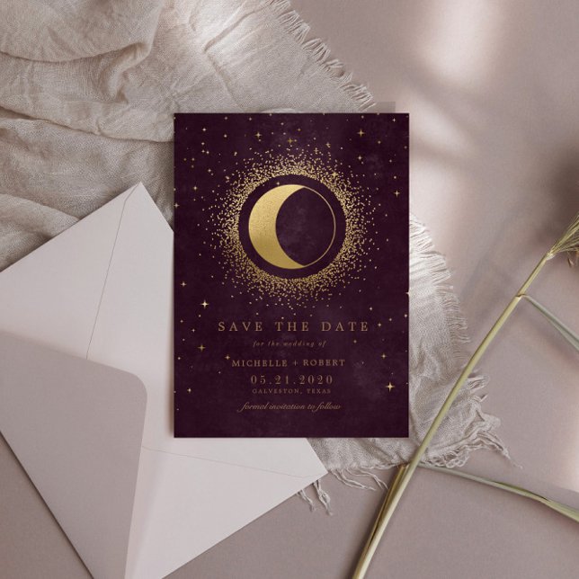 Celestial Burgundy Gold Moon Save The Date Invitation (Creator Uploaded)