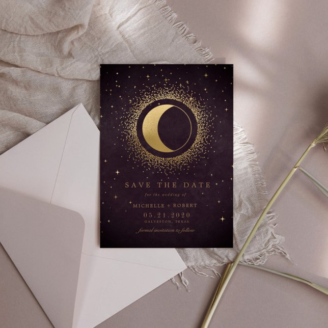 Celestial Burgundy Gold Moon Save The Date Invitation (Creator Uploaded)