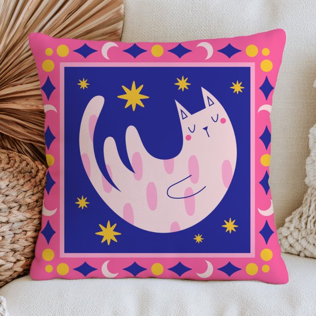 Celestial Cat Dopamine Aesthetic Quirky Feline Throw Pillow (Creator Uploaded)