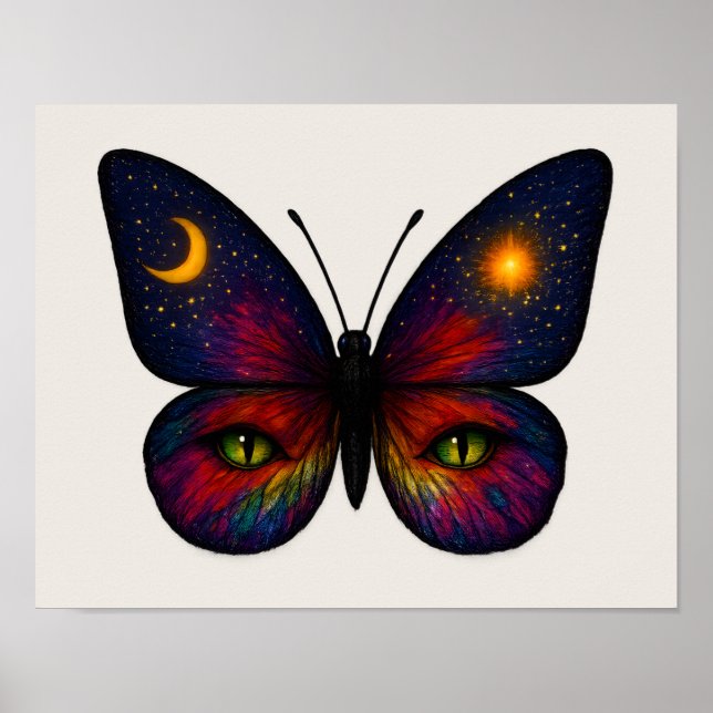 Celestial Cat-Eye Butterfly Sun Moon Star Boho Art Poster (Front)