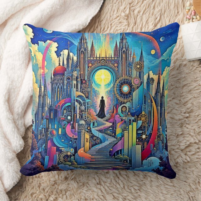 Celestial Cathedral Cityscape Throw Pillow (Blanket)
