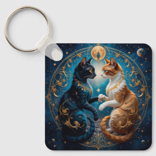 Celestial Cats in Cosmic Art with Gold and Blue Keychain