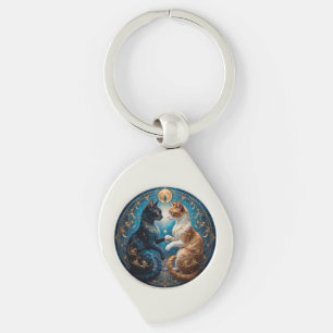 Celestial Cats in Cosmic Art with Gold and Blue Keychain
