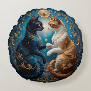 Celestial Cats in Cosmic Art with Gold and Blue Round Pillow