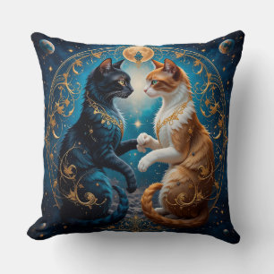 Celestial Cats in Cosmic Art with Gold and Blue Throw Pillow