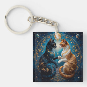 Celestial Cats With Cosmic Gold Blue Theme 🐱 Keychain