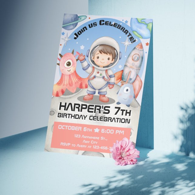Celestial Celebration: Light Blue Astronaut Invitation (Stellar Space Adventures: Watercolor Kids Birthday Collection)