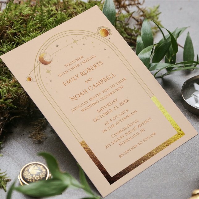 Celestial Champagne Gold Sun Moon Stars Photo  Invitation (Creator Uploaded)
