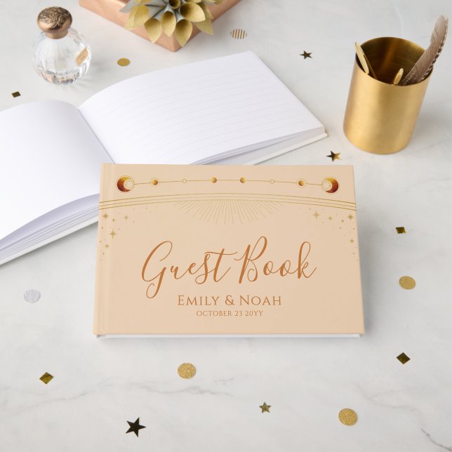 Celestial Champagne Gold Sun Moon Stars Wedding Guest Book (Front Open)