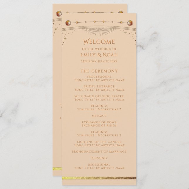 Celestial Champagne Gold Sun Moon Stars Wedding Program (Front/Back)