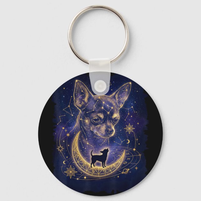 Celestial chihuahua howling at the moon moon phase keychain (Front)