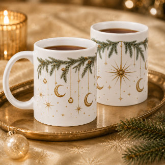 Celestial Christmas Moon Stars Evergreen Mug