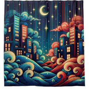 “Celestial Cityscape with Whimsical Waves”