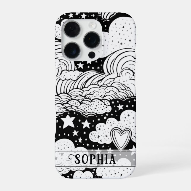 Celestial Clouds Stars Doodle Personalized iPhone Case (Back)