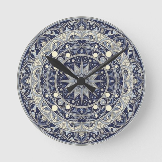 Celestial Compass Mandala Star Pattern Art Round Clock (Front)