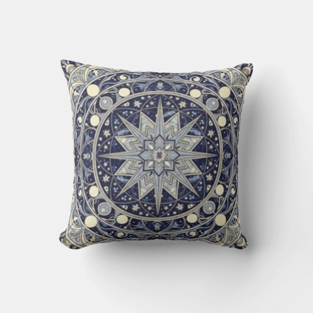 Celestial Compass Mandala Star Pattern Art Throw Pillow (Front)