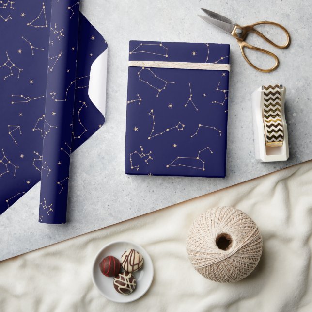 Celestial Constellation Stars Navy Gold Boho  Wrapping Paper (Crafts)