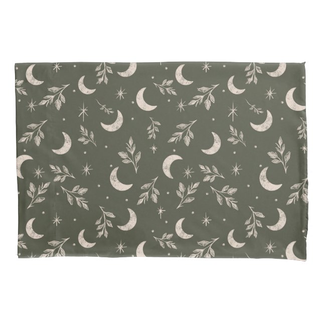 Celestial Crescent & Botanical Foliage Pillowcase (Front)