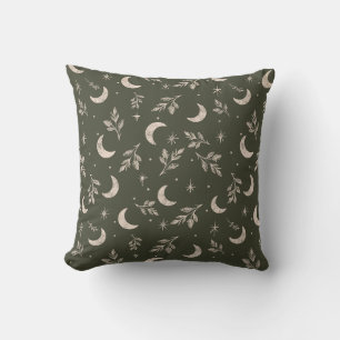 Celestial Crescent & Botanical Foliage Throw Pillow