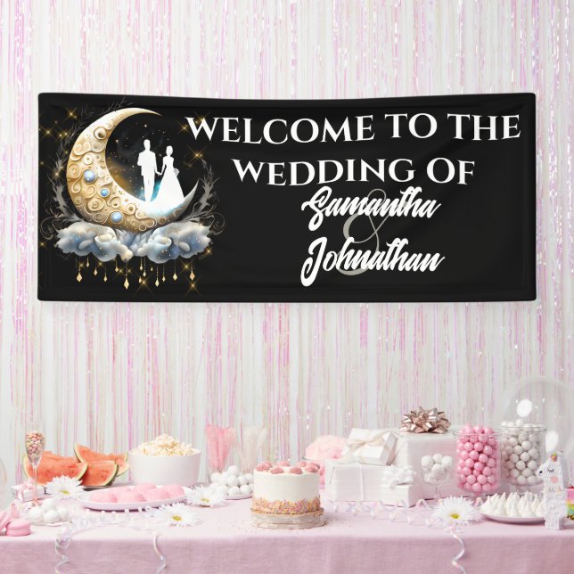 Celestial crescent moon bride groom silhouette  banner (Party)