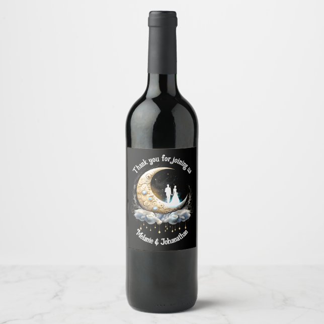 Celestial crescent moon couple silhouette starry  wine label (Front)