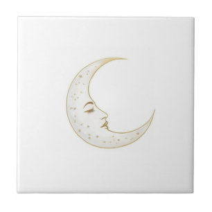 Celestial Crescent Moon Face Gold Silver White Tile