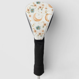 Celestial Crescent Moon Floral Gold Glitter Golf Head Cover