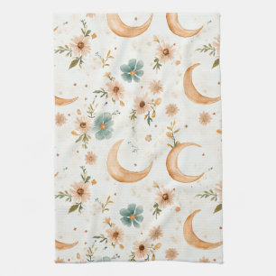 Celestial Crescent Moon Floral Gold Glitter Kitchen Towel