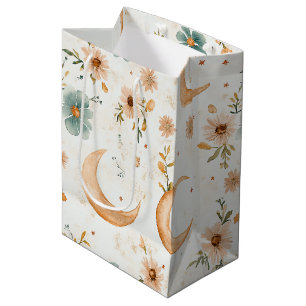 Celestial Crescent Moon Floral Gold Glitter Medium Gift Bag