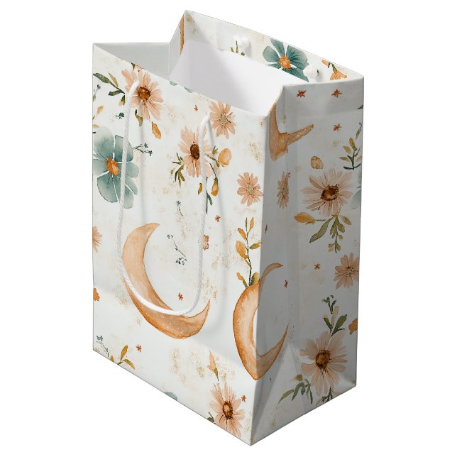 Celestial Crescent Moon Floral Gold Glitter Medium Gift Bag (Front Angled)