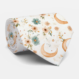 Celestial Crescent Moon Floral Gold Glitter Tie