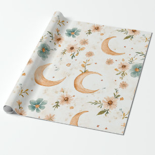 Celestial Crescent Moon Floral Gold Glitter Wrapping Paper