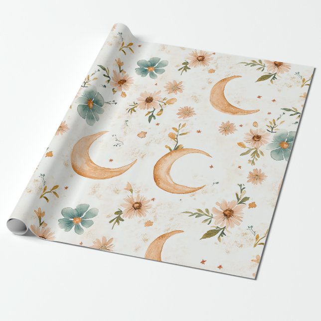 Celestial Crescent Moon Floral Gold Glitter Wrapping Paper (Unrolled)